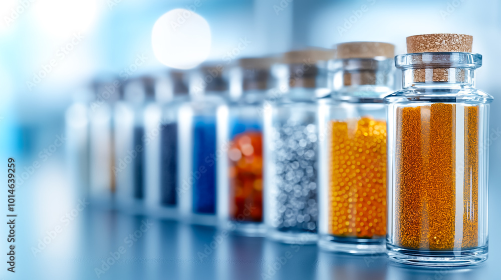 A row of glass vials filled with colorful powders and beads is neatly arranged on a laboratory table, reflecting light in a bright environment, showcasing their vibrant hues A row of glass vials filled with colorful powders and beads is neatly arranged on a laboratory table, reflecting light in a bright environment, showcasing their vibrant hues