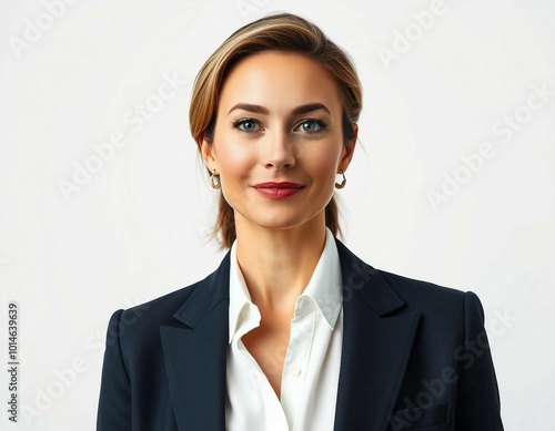 Portrait of a middle-aged female politician and businesswoman in formal attire, isolated on a plain white background.