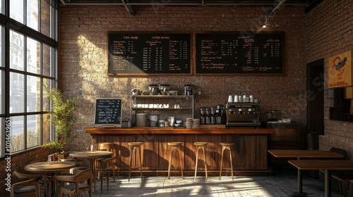 Vintage-style coffee shop interior, with a combination of brick walls, wood furniture, and chalkboard menus, filled with warm lighting.