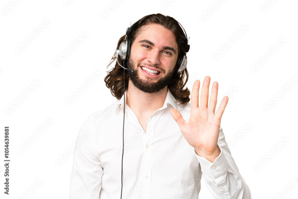 Telemarketer man working with a headset over isolated chroma key background counting five with fingers Telemarketer man working with a headset over isolated chroma key background counting five with fingers