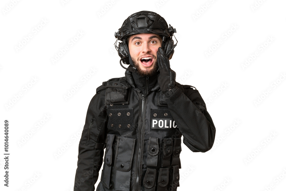 SWAT over isolated chroma key background with surprise and shocked facial expression SWAT over isolated chroma key background with surprise and shocked facial expression