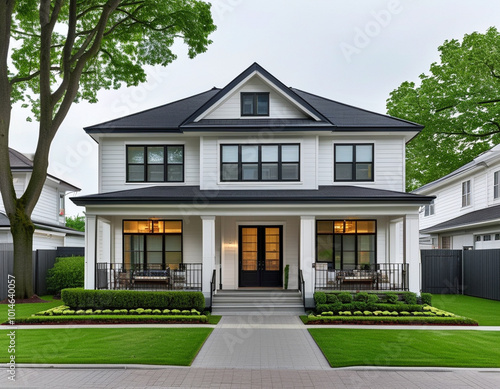 A traditional two-story duplex with white siding and a dark gray roof, set in a quiet suburban neighborhood. 