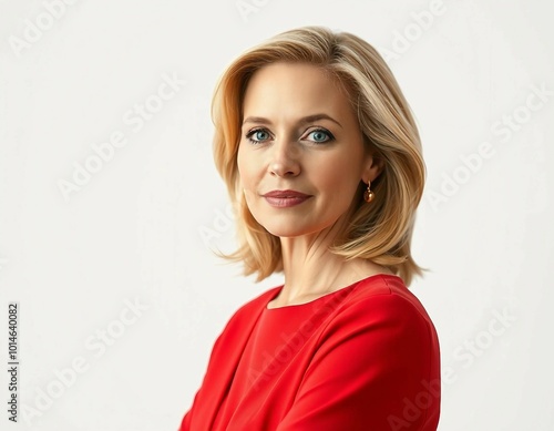 Portrait of a blonde middle-aged American politician and businesswoman in a red dress, isolated against a plain white background.