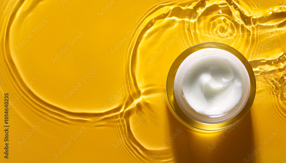 Cosmetic product. Jar with cream in water on yellow background, top view. Space for text Cosmetic product. Jar with cream in water on yellow background, top view. Space for text
