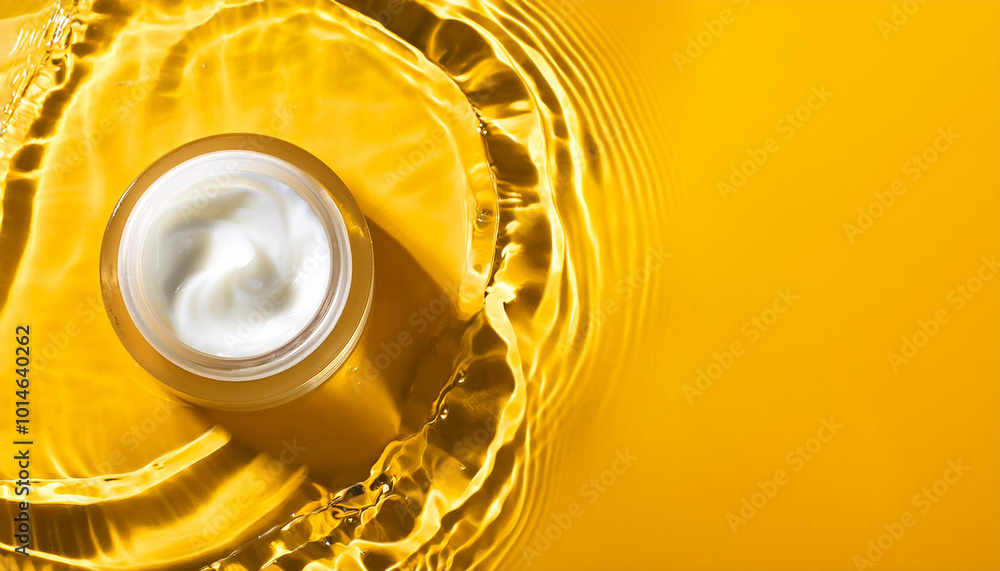 Cosmetic product. Jar with cream in water on yellow background, top view. Space for text Cosmetic product. Jar with cream in water on yellow background, top view. Space for text