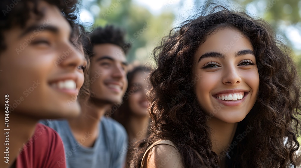Fototapeta premium A Close-Up Portrait of a Smiling Young Woman with Curly Hair
