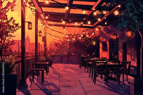 Cartoon expressionist scene of a pergola-shaded dining area with urban flair.