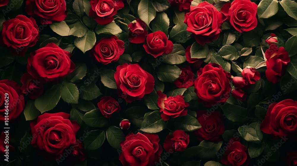 Dark surroundings feature a lush array of velvety red roses, emphasizing their opulent beauty and intricate textures. Dark surroundings feature a lush array of velvety red roses, emphasizing their opulent beauty and intricate textures.