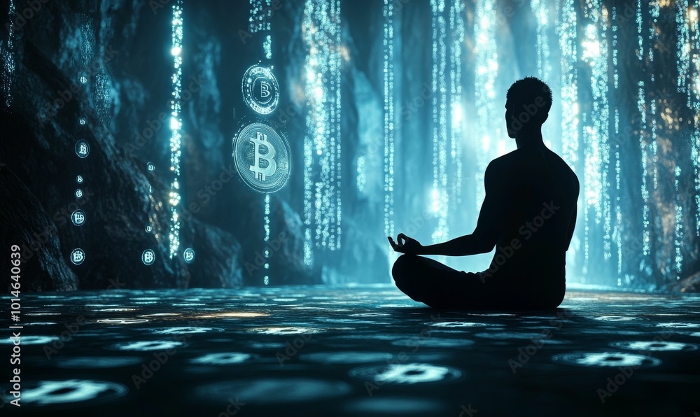 Silhouette meditating in a Bitcoin cave. Silhouette meditating in a Bitcoin cave.