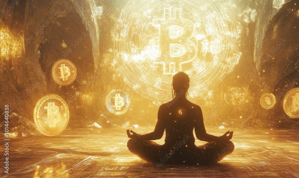 Silhouette meditates in glowing Bitcoin cave. Silhouette meditates in glowing Bitcoin cave.