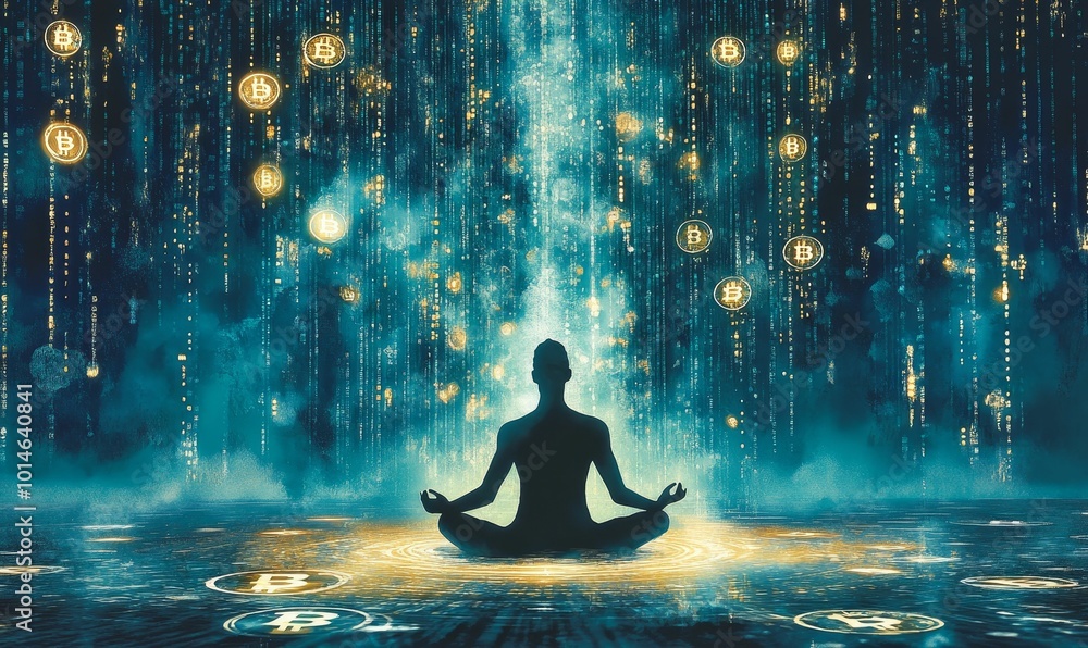 Silhouette meditates in a Bitcoin rain. Silhouette meditates in a Bitcoin rain.
