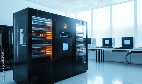 Modern server room with Bitcoin logo.