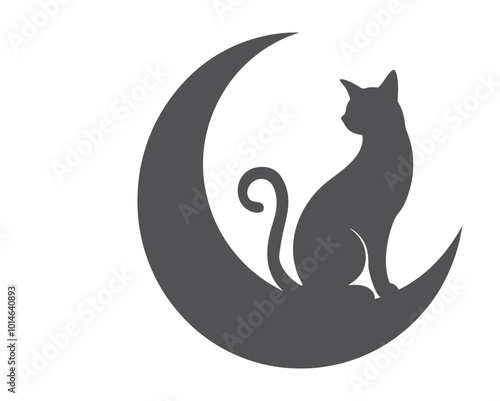 Cat silhouette vector illustration sitting on a crescent moon, perfect for minimalist designs.
Black cat silhouette with crescent moon, ideal for logos, decorative elements, and vector art.