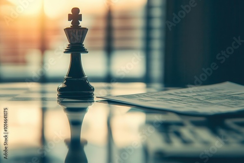 Chess knight and financial reports on table close up, focus on, copy space, vivid tones for modern look, double exposure silhouette with business planning photo