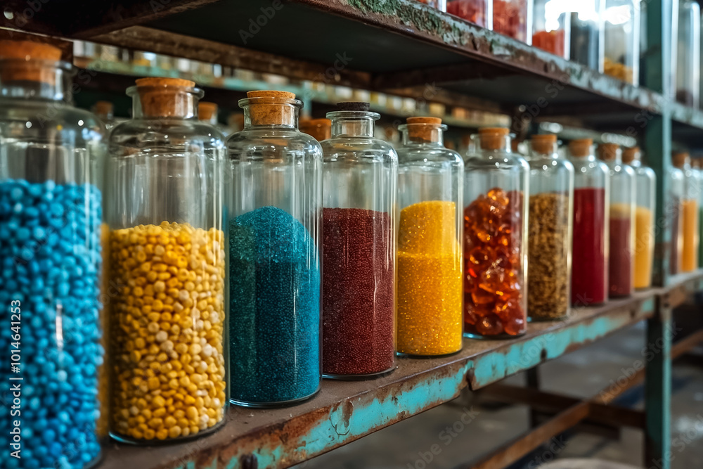 A variety of jars filled with colorful grains and beads are neatly arranged on an old wooden shelf, showcasing vibrant textures and hues in a workshop setting A variety of jars filled with colorful grains and beads are neatly arranged on an old wooden shelf, showcasing vibrant textures and hues in a workshop setting