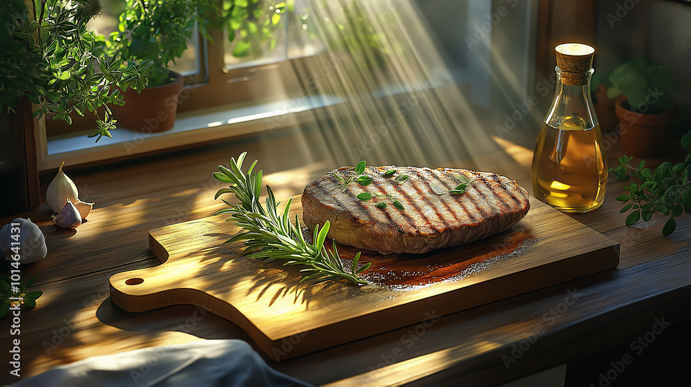 Delicious grilled steak with herbs on a wooden cutting board in a sunlit kitchen Delicious grilled steak with herbs on a wooden cutting board in a sunlit kitchen