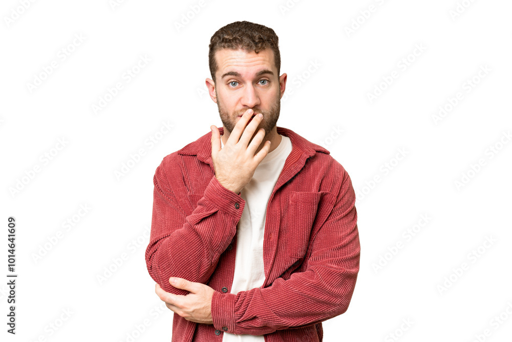 Young handsome blonde man over isolated chroma key background surprised and shocked while looking right Young handsome blonde man over isolated chroma key background surprised and shocked while looking right