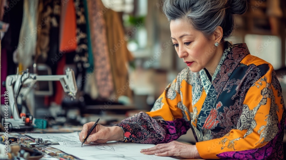 Fototapeta premium Elegant Japanese Designer Sketching Fashion Concepts