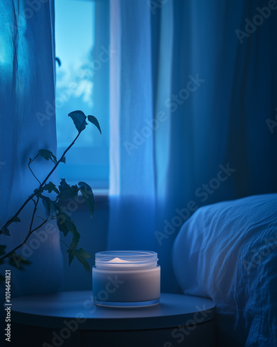 Nighttime cream jar on bedside table with blue lighting
