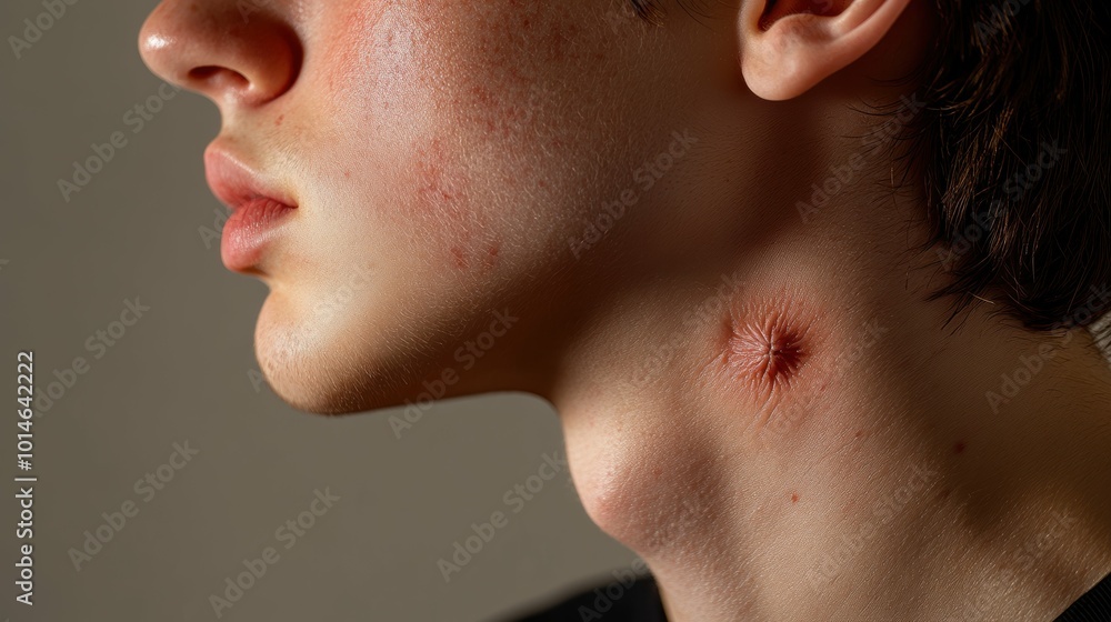 Obraz premium Uncomfortable Insect Bite on Person's Swollen Neck - Health Issue Concept with Painful Bruising Detail