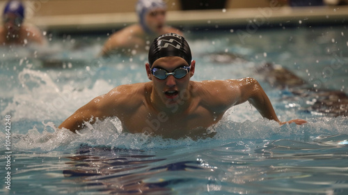 Male swimmer doing butterfly stroke in indoor swim meet