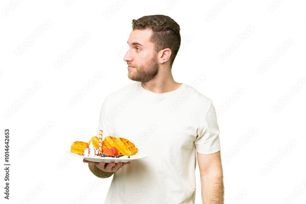 Young handsome blonde man holding waffles over isolated chroma key background looking to the side Young handsome blonde man holding waffles over isolated chroma key background looking to the side