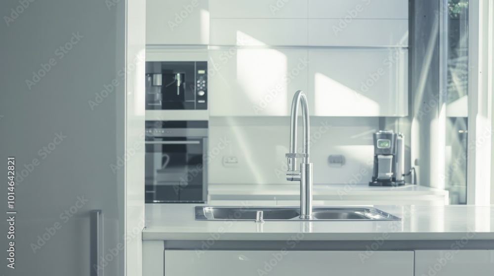 A minimalistic kitchen design with sleek white cabinets, accented by shadows cast by natural sunlight filtering through a window. A minimalistic kitchen design with sleek white cabinets, accented by shadows cast by natural sunlight filtering through a window.