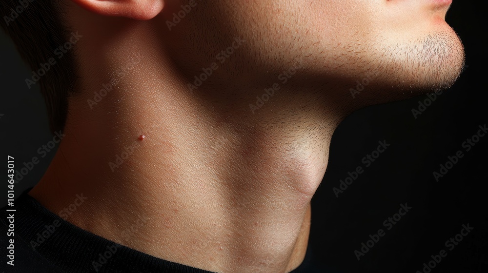 Obraz premium Side profile view of a person's neck, revealing the painful-looking swelling and bruising of a recent insect bite