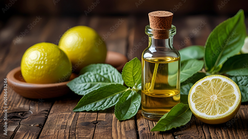 A bottle of bergamot essential oil is fresh bergamot fruit and leaves. Ai generative A bottle of bergamot essential oil is fresh bergamot fruit and leaves. Ai generative
