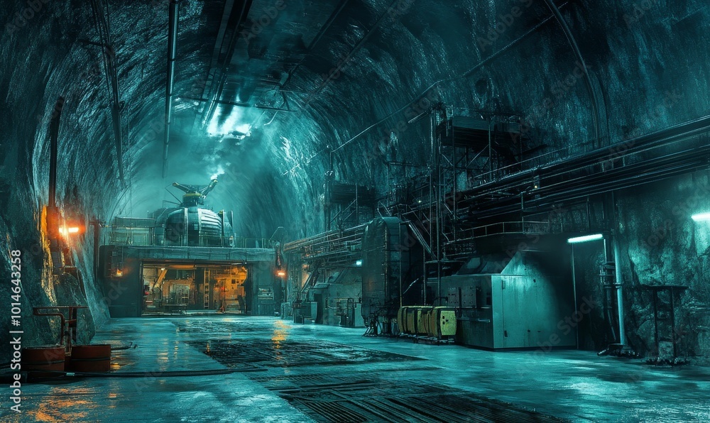Industrial tunnel with machinery and a wet floor. Industrial tunnel with machinery and a wet floor.
