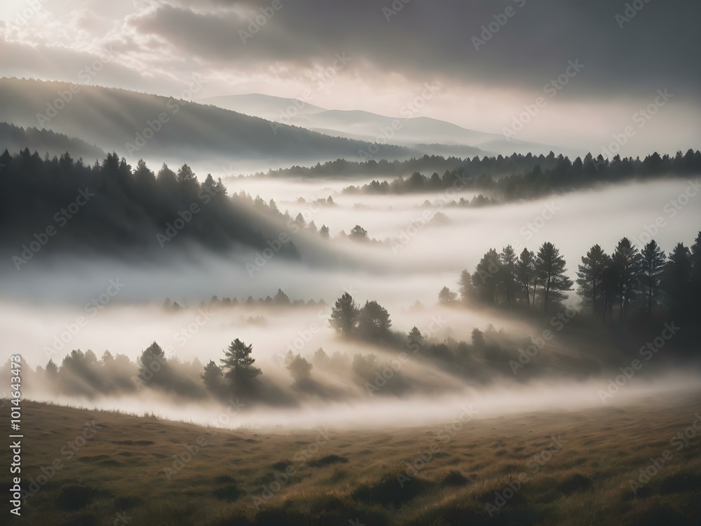 Fototapeta premium A soft, overcast sky with rolling fog moving across the landscape, creating a mysterious, dreamy atmosphere with light breaking through in soft beams