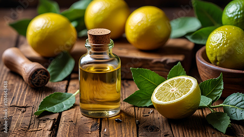 A bottle of bergamot essential oil is fresh bergamot fruit and leaves. Ai generative