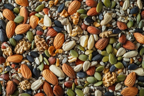 Artfully scattered assortment of various nuts and seeds - almonds, walnuts, pumpkin seeds, and sunflower seeds