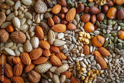 Artfully scattered assortment of various nuts and seeds - almonds, walnuts, pumpkin seeds, and sunflower seeds