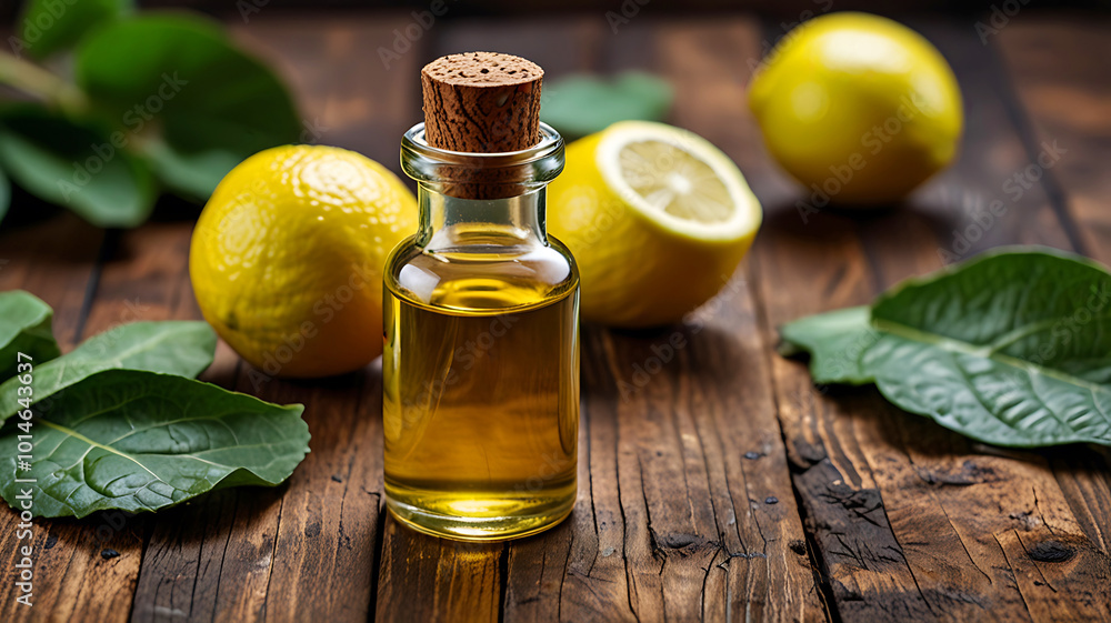 A bottle of bergamot essential oil is fresh bergamot fruit and leaves. Ai generative A bottle of bergamot essential oil is fresh bergamot fruit and leaves. Ai generative