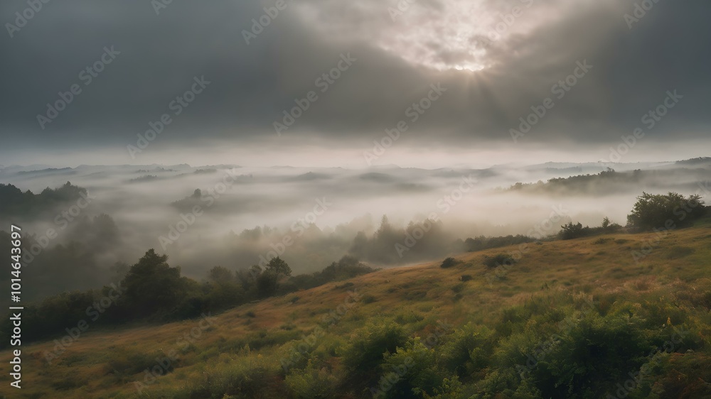 A soft, overcast sky with rolling fog moving across the landscape, creating a mysterious, dreamy atmosphere with light breaking through in soft beams A soft, overcast sky with rolling fog moving across the landscape, creating a mysterious, dreamy atmosphere with light breaking through in soft beams