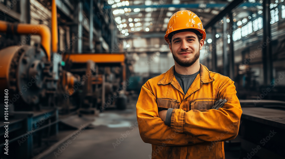 An employee in a protective suit and helmet standing in a metallurgical workshop, smiling confidently with arms crossed, looking directly at the camera. Copy space included.
An employee in a protective suit and helmet standing in a metallurgical workshop, smiling confidently with arms crossed, looking directly at the camera. Copy space included.