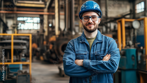 An employee in a protective suit and helmet standing in a metallurgical workshop, smiling confidently with arms crossed, looking directly at the camera. Copy space included.
