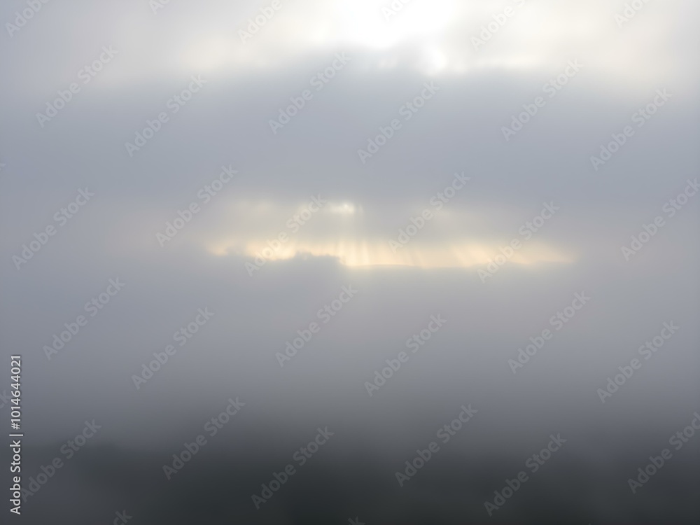 Fototapeta premium A soft, overcast sky with rolling fog moving across the landscape, creating a mysterious, dreamy atmosphere with light breaking through in soft beams