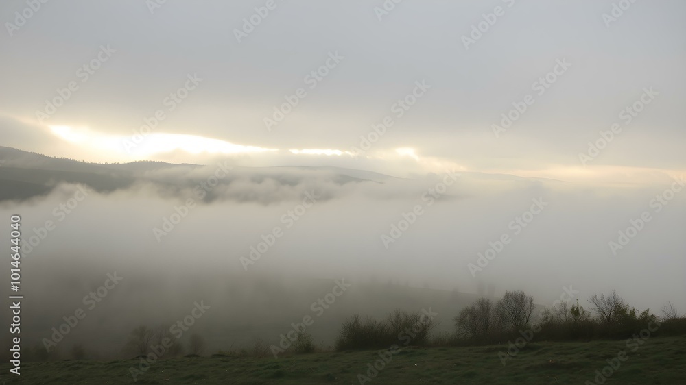 A soft, overcast sky with rolling fog moving across the landscape, creating a mysterious, dreamy atmosphere with light breaking through in soft beams