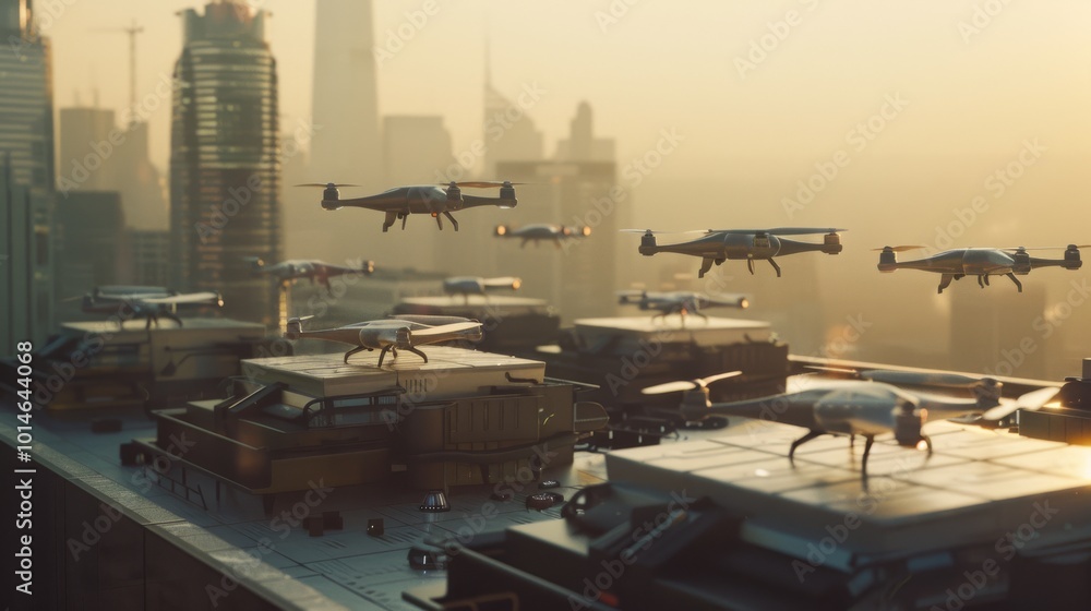 Drones hovering over a cityscape during a golden sunset, capturing the blend of technology and nature in a glowing urban landscape. Drones hovering over a cityscape during a golden sunset, capturing the blend of technology and nature in a glowing urban landscape.
