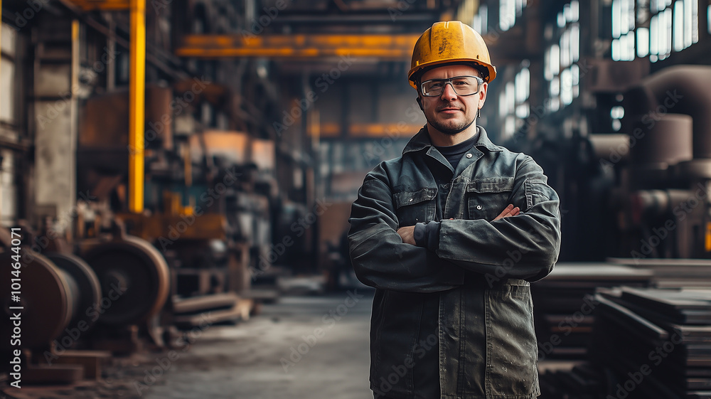 An employee in a protective suit and helmet standing in a metallurgical workshop, smiling confidently with arms crossed, looking directly at the camera. Copy space included.
An employee in a protective suit and helmet standing in a metallurgical workshop, smiling confidently with arms crossed, looking directly at the camera. Copy space included.