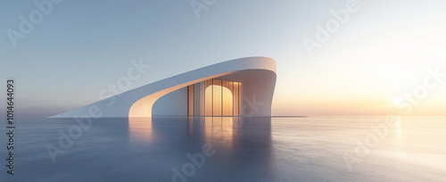 Modern architectural structure with sleek, curved lines, illuminated by a soft sunset glow, set against an expansive minimalist background, ideal for futuristic design and luxury projects
