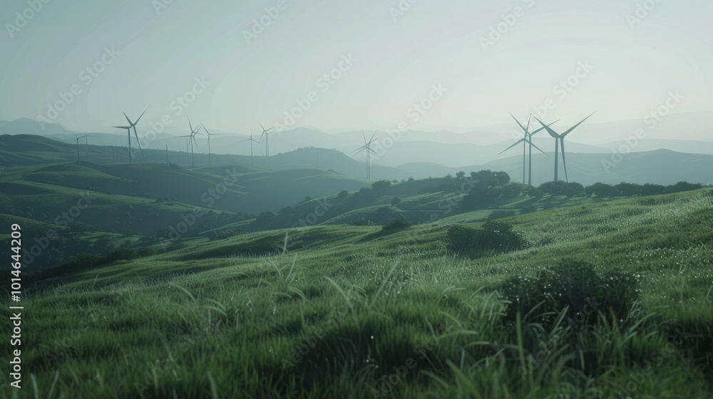 Wind turbines rise from lush, rolling hills beneath a tranquil sky, capturing the essence of sustainable energy in harmony with nature. Wind turbines rise from lush, rolling hills beneath a tranquil sky, capturing the essence of sustainable energy in harmony with nature.