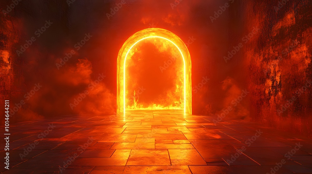 Fototapeta premium Glowing Archway in a Fiery Hellish Landscape - 3D Render.