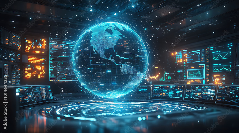 A futuristic control room with a glowing earth globe, surrounded by computer screens displaying data and information. A futuristic control room with a glowing earth globe, surrounded by computer screens displaying data and information.