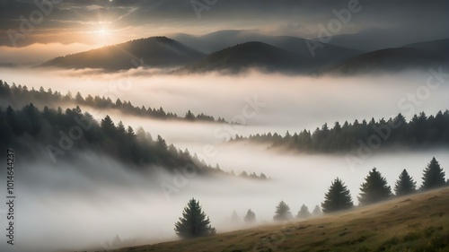 A soft, overcast sky with rolling fog moving across the landscape, creating a mysterious, dreamy atmosphere with light breaking through in soft beams