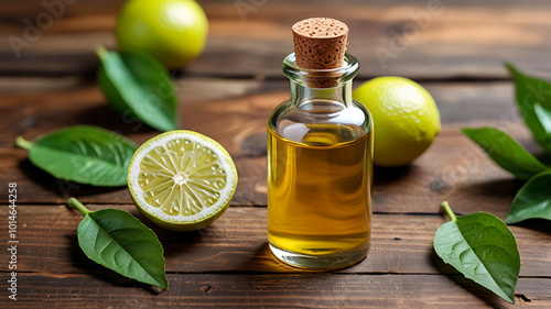 A bottle of bergamot essential oil is fresh bergamot fruit and leaves. Ai generative
