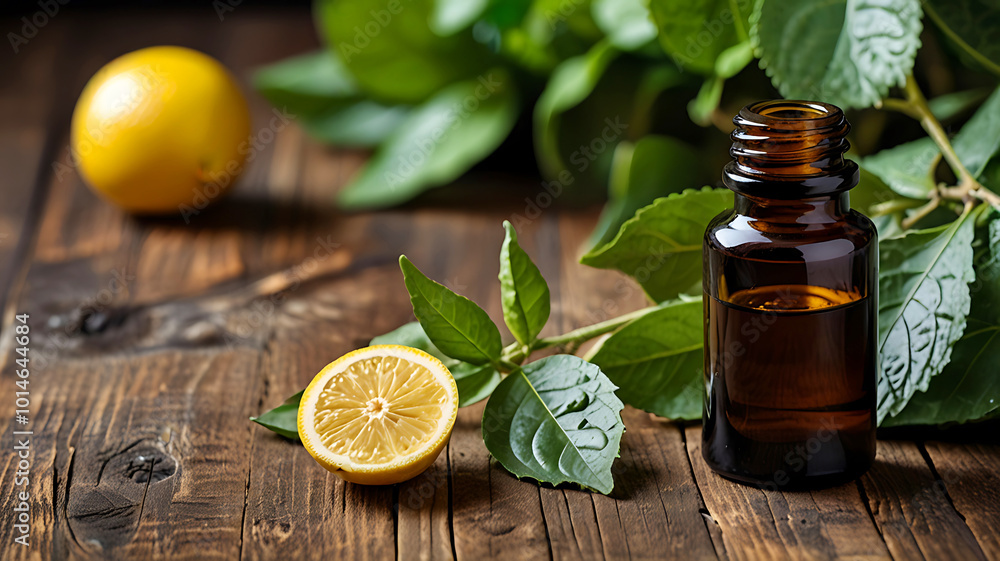 A bottle of bergamot essential oil is fresh bergamot fruit and leaves. Ai generative A bottle of bergamot essential oil is fresh bergamot fruit and leaves. Ai generative