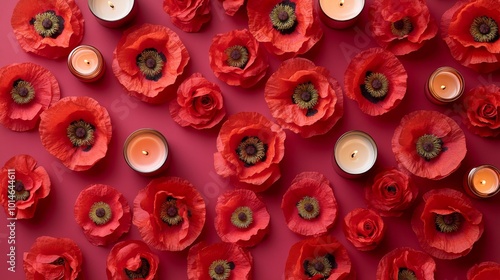 A close up of red flowers with candles in the center